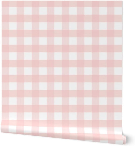 Peel & Stick Wallpaper Swatch - Pastel Pink Plaid Country Gingham Farmhouse Chic Classic Buffalo Check Cottagecore Custom Removable Wallpaper by Spoonflower