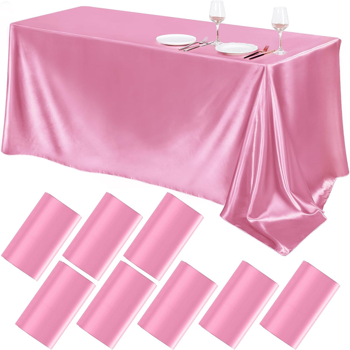 8 Pack Pink Satin Tablecloth 102 x 58 Inch Overlay Table Cove