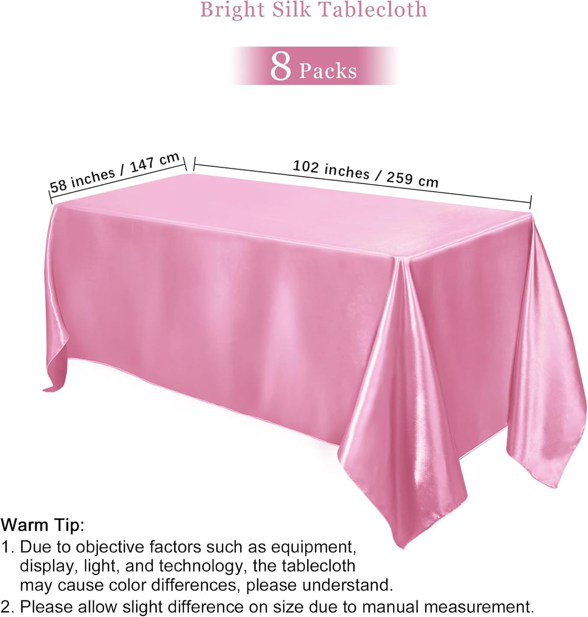 8 Pack Pink Satin Tablecloth 102 x 58 Inch Overlay Table Cove