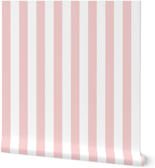 Spoonflower Peel & Stick Wallpaper Swatch - Bold Stripe Dogwood Vertical Stripes Pink White Geometric Custom Removable Wallpaper
