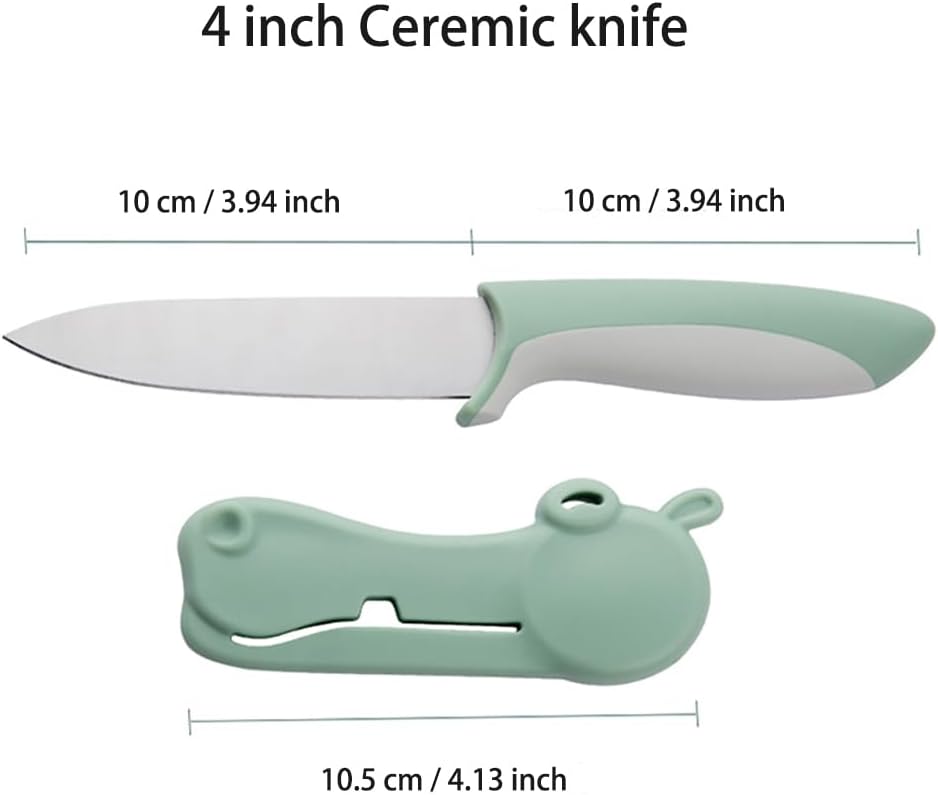 2 pcs ceramic knife - 4 Inch green and pink fruit knife with hippo shape cover, paring knife, use for fruit bread vegetable and meat (green and pink)