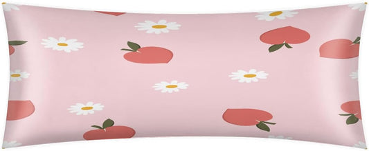 Peach Flower Pink Long Satin Pillowcase with Zipper 21X54 inches Silk Body Pillow Cover for Hair Skin Soft King Pillow Cases Cool Square Throw Pillowcases for Couch Bed Love Gifts