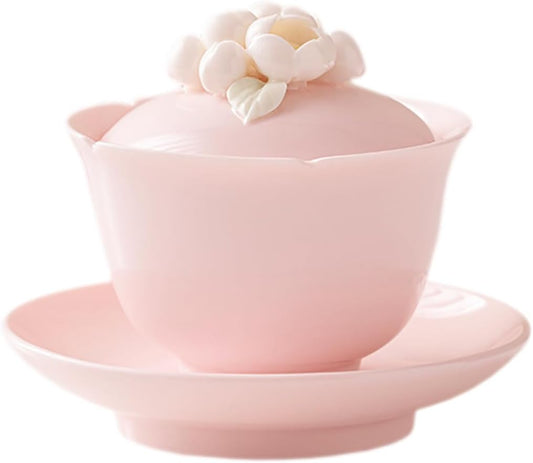 Sizikato Pink Porcelain Gaiwan with Tray, White Floral Ceramic Sancai Teacup