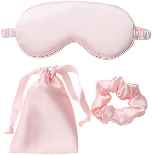 3 Pcs Artificial Silk Sleep Masks Set Satin Sleeping Eye Mask Hair Scrunchies Night Blindfold Blackout Eyeshades Eye Cover Wedding Bridesmaid Gifts Pink