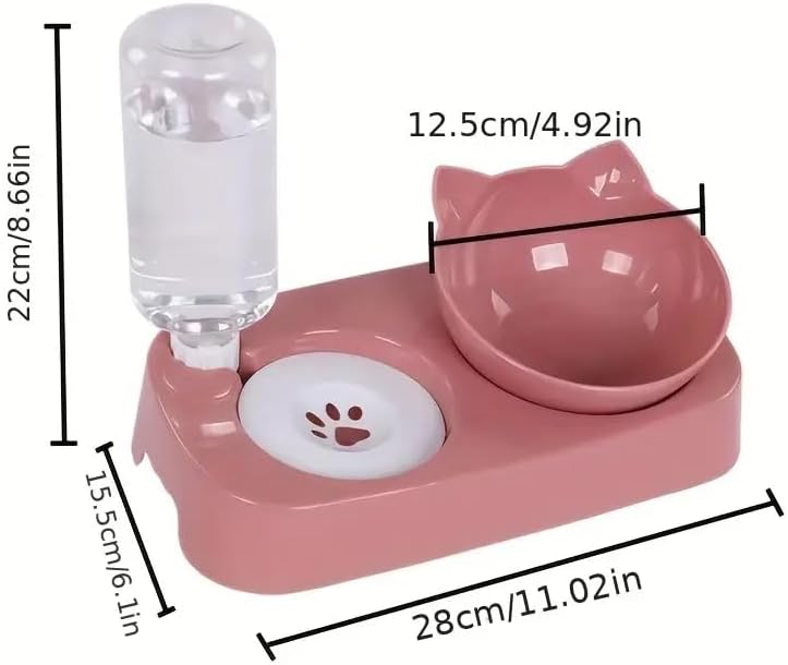 Cat Bowl, Cat Food and Water Bowl Set, 15 ° Tilted Cat Food Bowl, Cat Bowl with Automatic Water Dispenser Bottle, Detachable Wet and Dry Cat Dishs for Indoor Cats Small Dogs Puppy-Pink