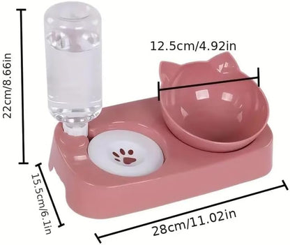 Cat Bowl, Cat Food and Water Bowl Set, 15 ° Tilted Cat Food Bowl, Cat Bowl with Automatic Water Dispenser Bottle, Detachable Wet and Dry Cat Dishs for Indoor Cats Small Dogs Puppy-Pink