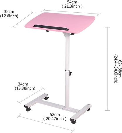 Pink Standing Desk Rolling Adjustable Angle & Height Laptop Desk with Wheels Small Computer Cart Over Bed Table Mobile Laptop Table for Home Office