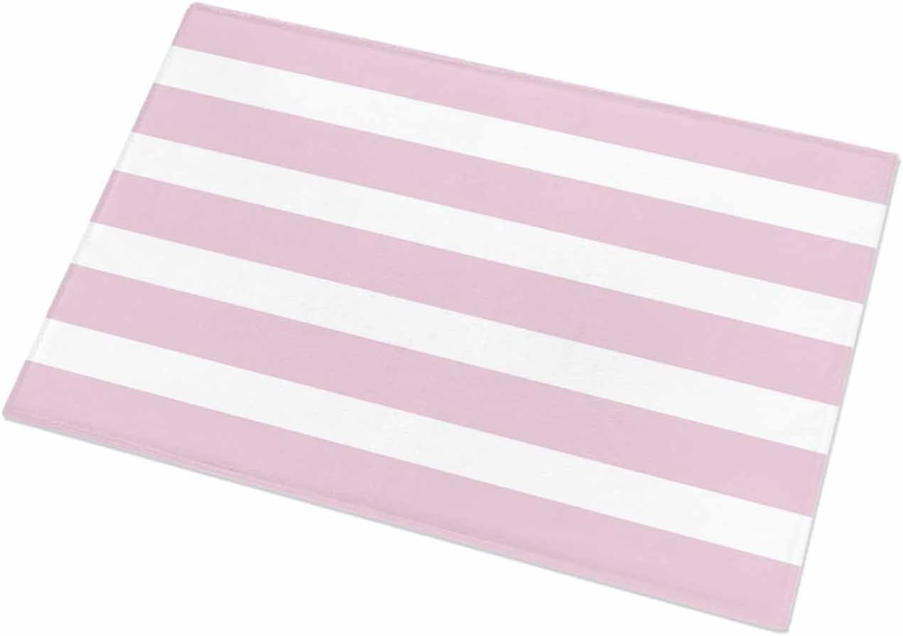YOKOU Bathroom Rug Bath Mat,Modern Striped Lines Absorbent Non Slip Soft Microfiber Shaggy Plush Bath Rugs for Shower,Pink and White 16"x24"
