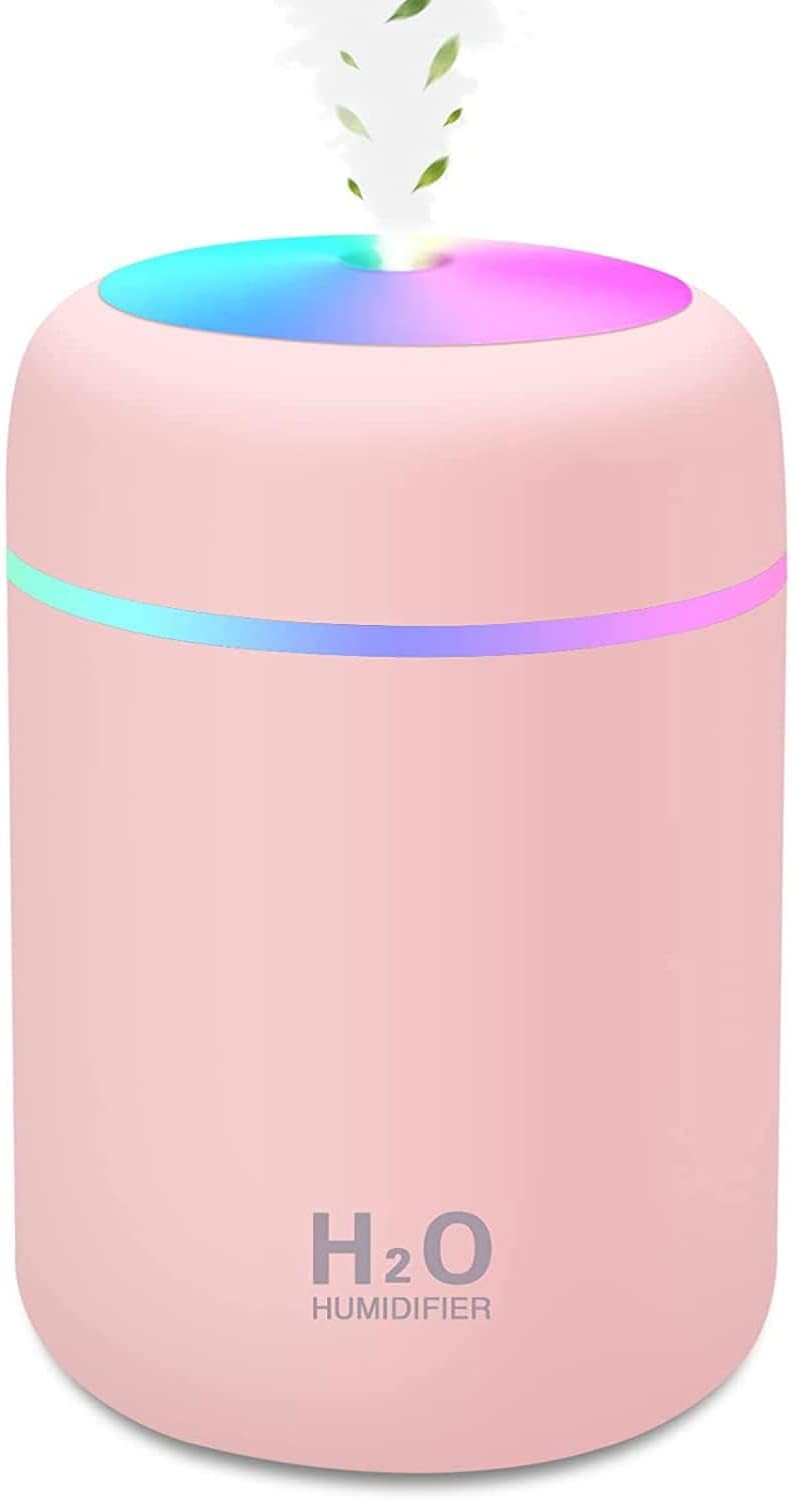 Mini Humidifier,300ml Small Cool Mist Humidifier with 7-Color LED Night Light,USB Personal Desktop Humidifier,2 Adjustable Mist Modes,Auto Shut-Off,Ultra Quiet,for Car,Office,Bedroom (Pink)