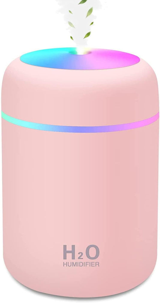 Mini Humidifier,300ml Small Cool Mist Humidifier with 7-Color LED Night Light,USB Personal Desktop Humidifier,2 Adjustable Mist Modes,Auto Shut-Off,Ultra Quiet,for Car,Office,Bedroom (Pink)