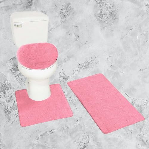 3 Piece Chenille Bath Rug Set Non Slip Medium Rug Countour Rug and Toilet Lid Cover #6 (Light Pink)