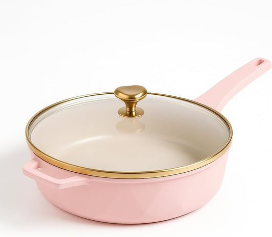 SKYREN 4 Quart Cast Aluminum Jumbo Cooker with Lid – Pink Lightweight Kitchen Pan for Everyday Preparations, Even Heating Base for Stews, Sauces and Cooking Projects