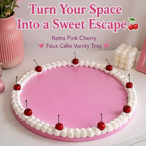Drippin Spice Retro Pink Cherry Faux Cake Tray, Handmade Decorative Vanity Tray, Coquette Aesthetic Room Decor, Cute Jewelry & Perfume Organizer, Girly Dessert Display Plate, XL 15.75 Inch