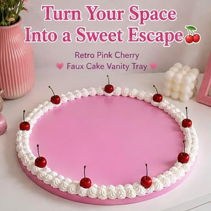 Drippin Spice Retro Pink Cherry Faux Cake Tray, Handmade Decorative Vanity Tray, Coquette Aesthetic Room Decor, Cute Jewelry & Perfume Organizer, Girly Dessert Display Plate, XL 15.75 Inch