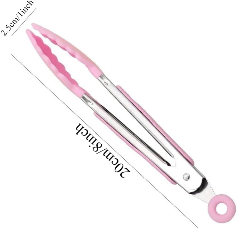 6 Piece 8-Inch Mini Serving Tongs for Cooking, Stainless Steel Locking Tong with Silicone Tips, Heat Resistant Grilling Barbeque Kitchen Food Tongs for Nonstick Cooking Pans (Pink)