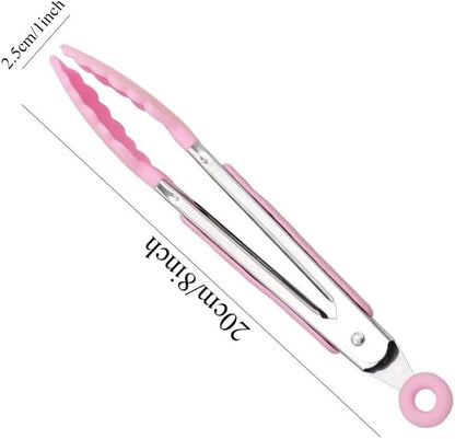 6 Piece 8-Inch Mini Serving Tongs for Cooking, Stainless Steel Locking Tong with Silicone Tips, Heat Resistant Grilling Barbeque Kitchen Food Tongs for Nonstick Cooking Pans (Pink)