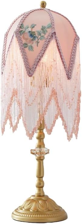 Vintage Pink Table Lamp, Victorian French Country Desk Lamp with Floral Embroidery & Beaded Tassels, Gold Metal Bedside Lamp for Bedroom Vanity Living Room