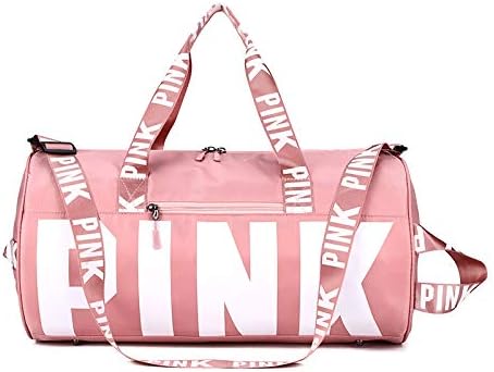 Sports Gym Bag Large Capacity Travel Duffel Bag Sport Shoes Bag with Wet Pocket Compartment for Men and Women Lightweight Multiple Colors PINK Logo (Pink)