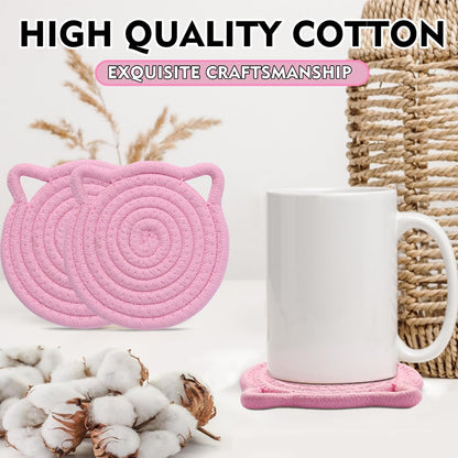 Cute Coasters for Desk Set of 2, Extra Large 4.8 in* 8mm, Absorbent Handmade Fabric Drink Coasters for Coffee & Tea - Fall House Warm Home Décor, Protect The Wooden Table (2 Pack-Cat-Blush Pink)