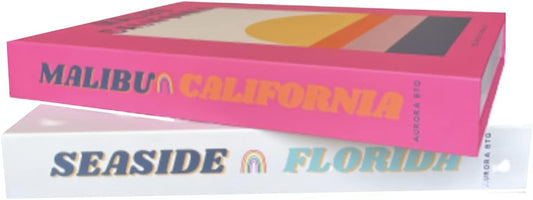 Decorative Books in Pink and White Malibu Seaside Teen Girls, Women Modern Preppy Aesthetic Stacked Home Book Decor Bookshelf & Coffee Table Decor Faux Books College Dorm AuroraBTQ Set of 2
