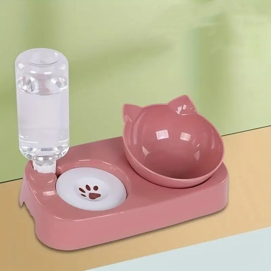 Cat Bowl, Cat Food and Water Bowl Set, 15 ° Tilted Cat Food Bowl, Cat Bowl with Automatic Water Dispenser Bottle, Detachable Wet and Dry Cat Dishs for Indoor Cats Small Dogs Puppy-Pink