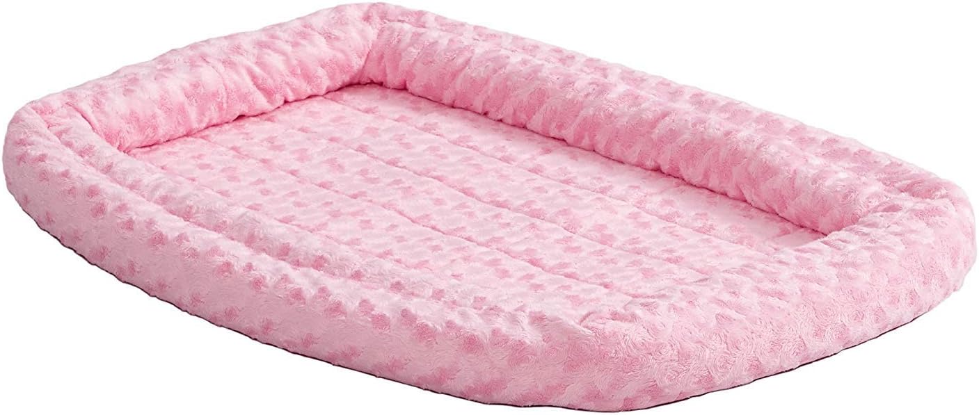 XXS QuietTime Double Bolster Pet Bed, Pink Plush 18-Inch Crate Mat with Stacked Bolsters, Machine Washable, Secure Fit with Elastic Straps