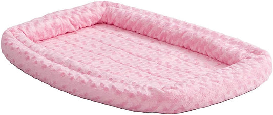 XXS QuietTime Double Bolster Pet Bed, Pink Plush 18-Inch Crate Mat with Stacked Bolsters, Machine Washable, Secure Fit with Elastic Straps
