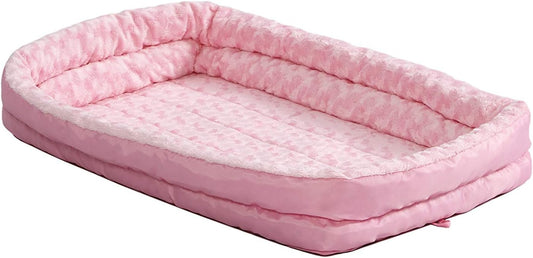 XXS QuietTime Double Bolster Pet Bed, Pink Plush 18-Inch Crate Mat with Stacked Bolsters, Machine Washable, Secure Fit with Elastic Straps