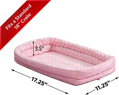XXS QuietTime Double Bolster Pet Bed, Pink Plush 18-Inch Crate Mat with Stacked Bolsters, Machine Washable, Secure Fit with Elastic Straps