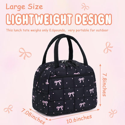 Lunch Box for Women Men Cute Corduroy Lunch Bags Large Capacity Insulated Lunch Tote Bag For Work Travel Or Picnic (Pink Bow)