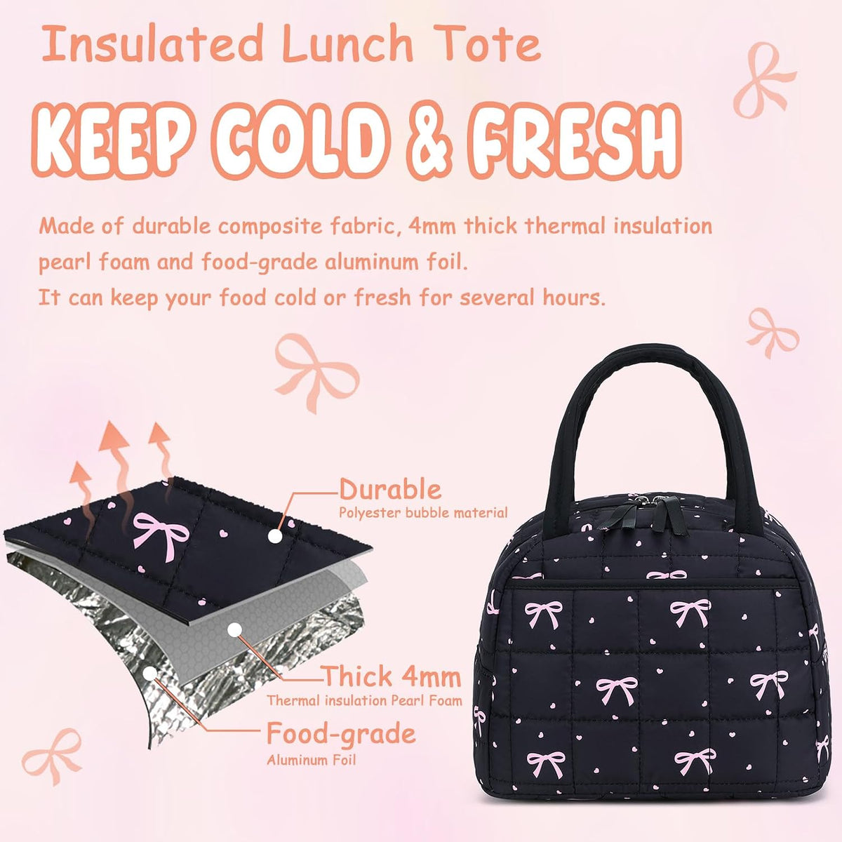 Lunch Box for Women Men Cute Corduroy Lunch Bags Large Capacity Insulated Lunch Tote Bag For Work Travel Or Picnic (Pink Bow)
