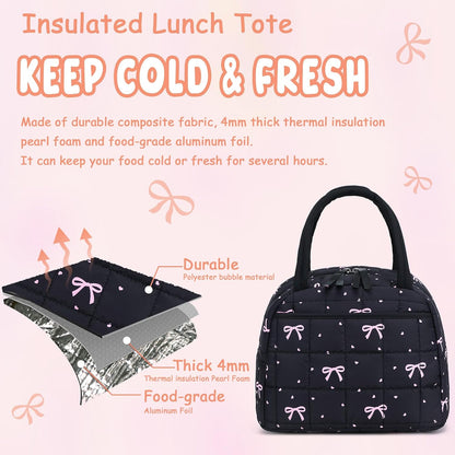 Lunch Box for Women Men Cute Corduroy Lunch Bags Large Capacity Insulated Lunch Tote Bag For Work Travel Or Picnic (Pink Bow)