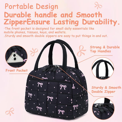 Lunch Box for Women Men Cute Corduroy Lunch Bags Large Capacity Insulated Lunch Tote Bag For Work Travel Or Picnic (Pink Bow)