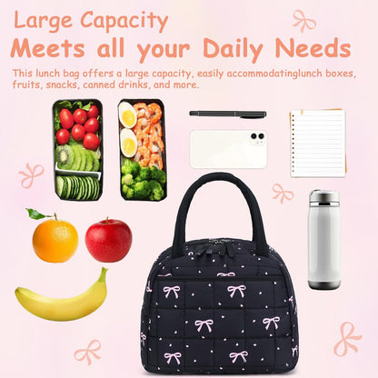 Lunch Box for Women Men Cute Corduroy Lunch Bags Large Capacity Insulated Lunch Tote Bag For Work Travel Or Picnic (Pink Bow)