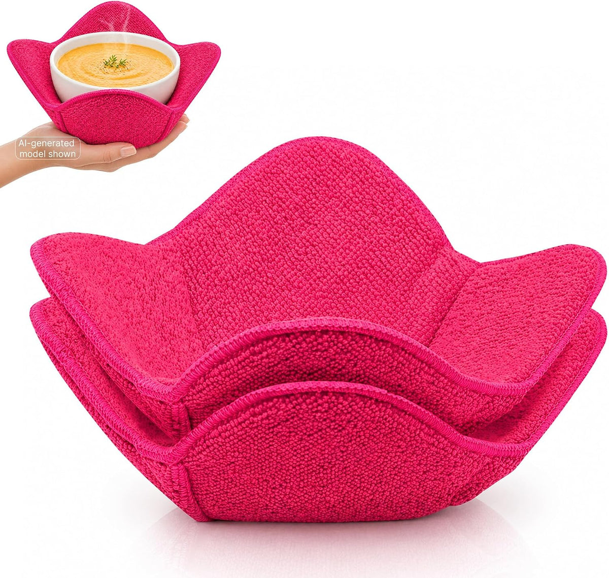 Set 2X Pink 7" sq. x 4" H Inch Microwave Bowl Cloth Hot Pads Pot Holders Polyester Microwavable Bowl Cozies for Food, Ooma, Ramen Bowls Cozy or Soup Koozie, Good Kitchen Accessories, Gadgets
