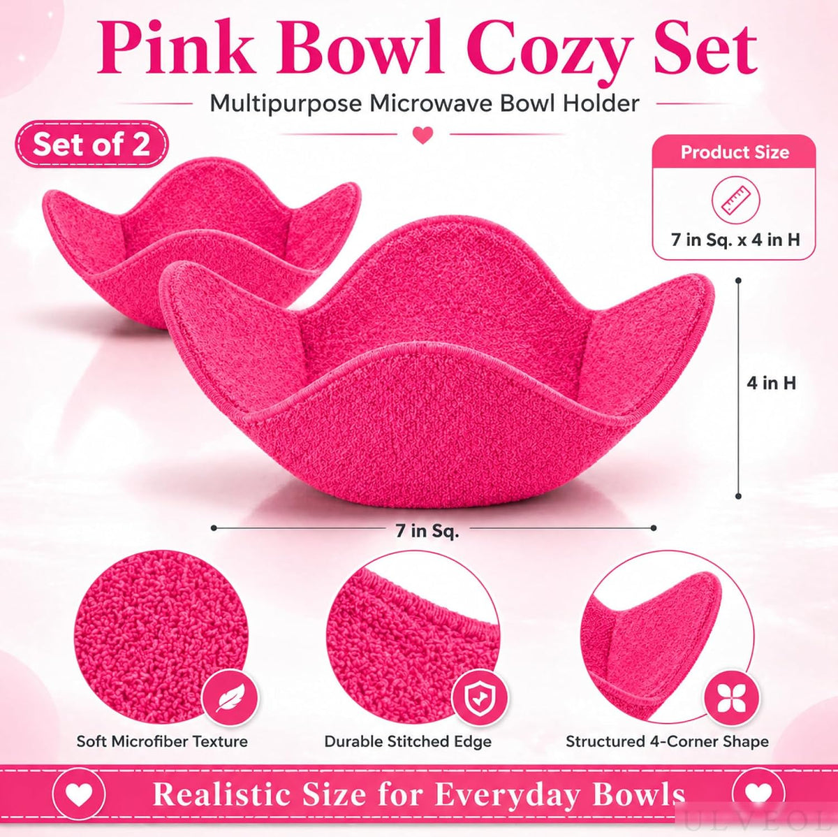 Set 2X Pink 7" sq. x 4" H Inch Microwave Bowl Cloth Hot Pads Pot Holders Polyester Microwavable Bowl Cozies for Food, Ooma, Ramen Bowls Cozy or Soup Koozie, Good Kitchen Accessories, Gadgets