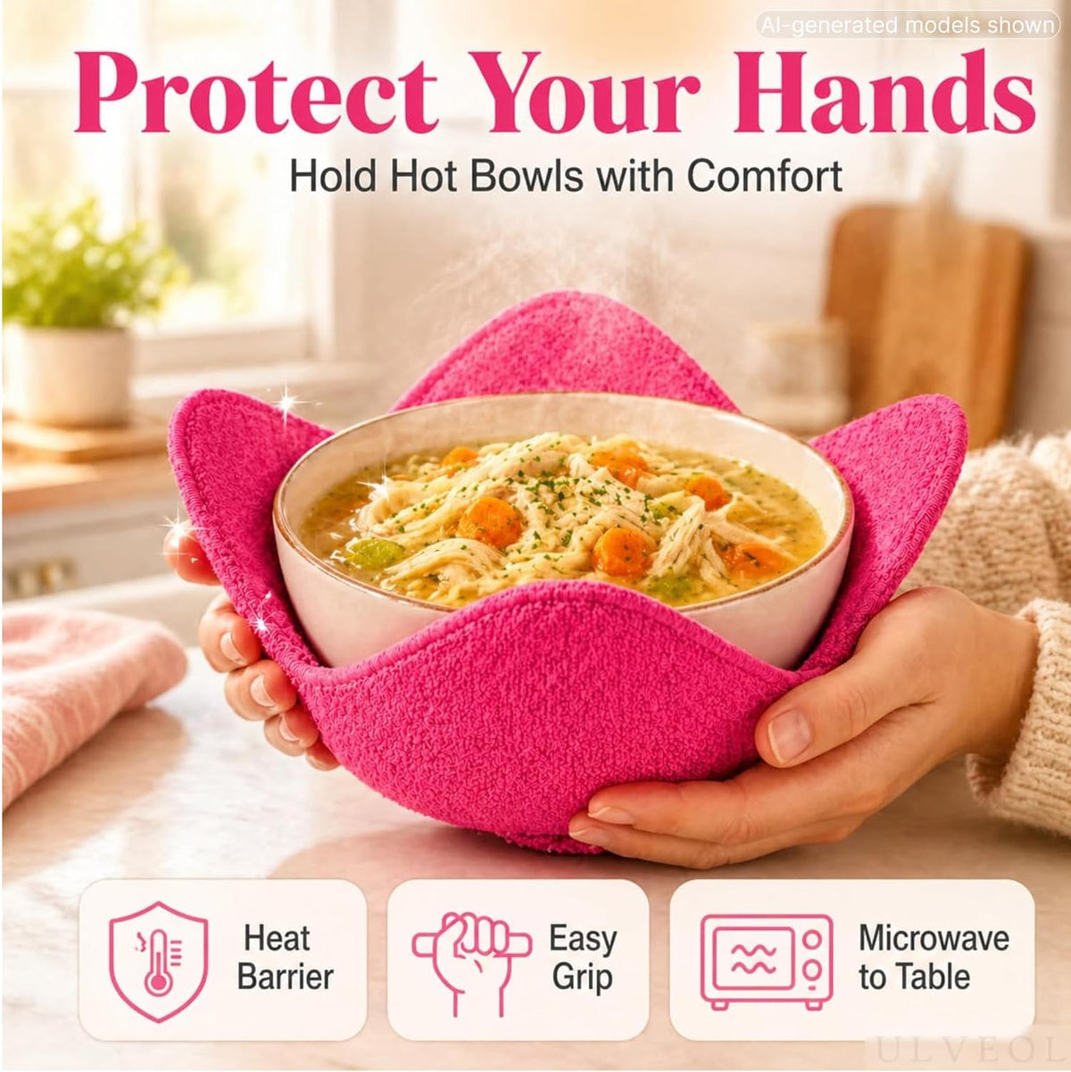 Set 2X Pink 7" sq. x 4" H Inch Microwave Bowl Cloth Hot Pads Pot Holders Polyester Microwavable Bowl Cozies for Food, Ooma, Ramen Bowls Cozy or Soup Koozie, Good Kitchen Accessories, Gadgets