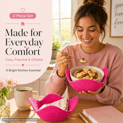 Set 2X Pink 7" sq. x 4" H Inch Microwave Bowl Cloth Hot Pads Pot Holders Polyester Microwavable Bowl Cozies for Food, Ooma, Ramen Bowls Cozy or Soup Koozie, Good Kitchen Accessories, Gadgets