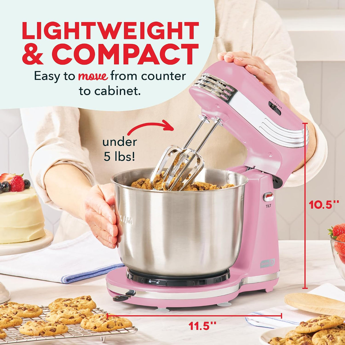 Everyday Stand Mixer - Compact Tilt-Head Stand Mixer for Everyday Recipes - 6-Speed Power with Stainless Steel Bowl - Pink, 3-Quart