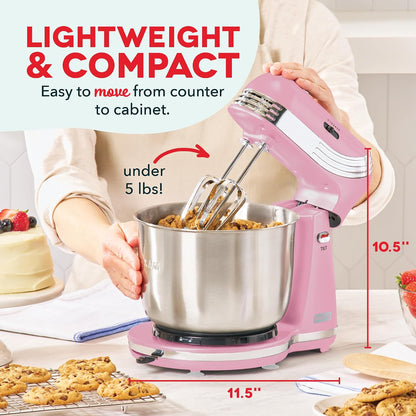 Everyday Stand Mixer - Compact Tilt-Head Stand Mixer for Everyday Recipes - 6-Speed Power with Stainless Steel Bowl - Pink, 3-Quart