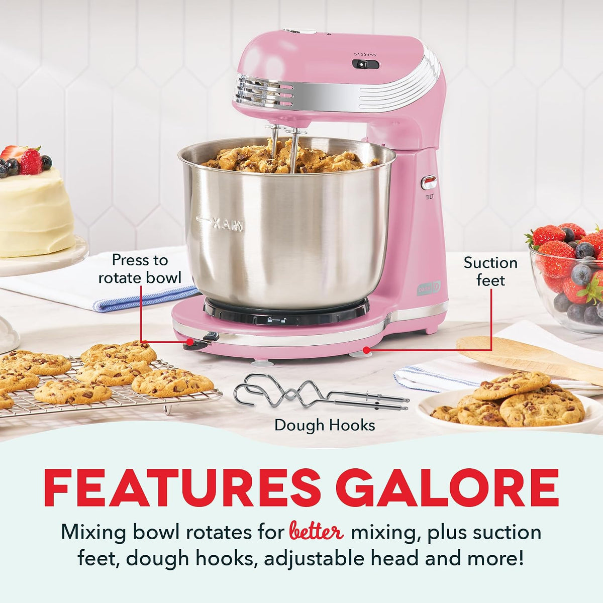 Everyday Stand Mixer - Compact Tilt-Head Stand Mixer for Everyday Recipes - 6-Speed Power with Stainless Steel Bowl - Pink, 3-Quart