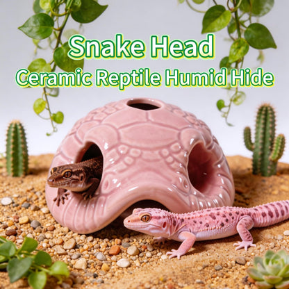Snake Head Reptile Hide Cave, Small Ceramic Gecko Hideout with Water Reservoir, Mini Terrarium Decor for Juvenile Snake, Lizard, Frog, Small Reptile Enclosure Accessories, Pink
