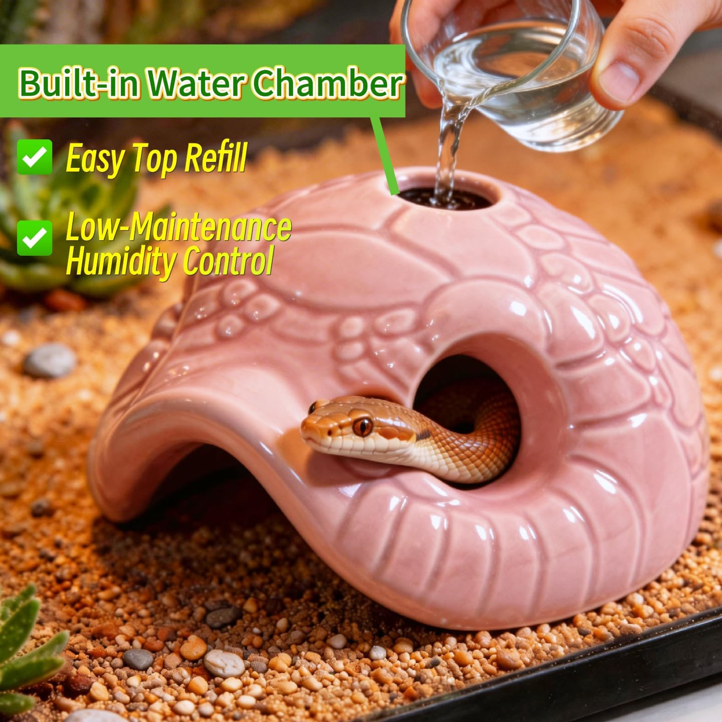 Snake Head Reptile Hide Cave, Small Ceramic Gecko Hideout with Water Reservoir, Mini Terrarium Decor for Juvenile Snake, Lizard, Frog, Small Reptile Enclosure Accessories, Pink