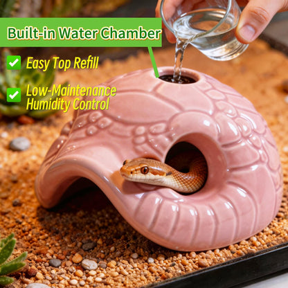 Snake Head Reptile Hide Cave, Small Ceramic Gecko Hideout with Water Reservoir, Mini Terrarium Decor for Juvenile Snake, Lizard, Frog, Small Reptile Enclosure Accessories, Pink