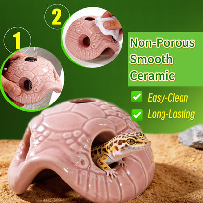 Snake Head Reptile Hide Cave, Small Ceramic Gecko Hideout with Water Reservoir, Mini Terrarium Decor for Juvenile Snake, Lizard, Frog, Small Reptile Enclosure Accessories, Pink