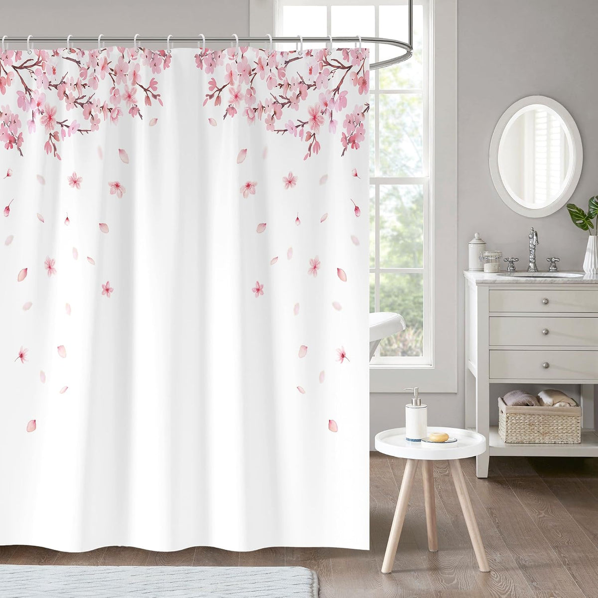 Pink Floral Shower Curtain, Cherry Blossom, 60x72 Inch, 12 Hooks