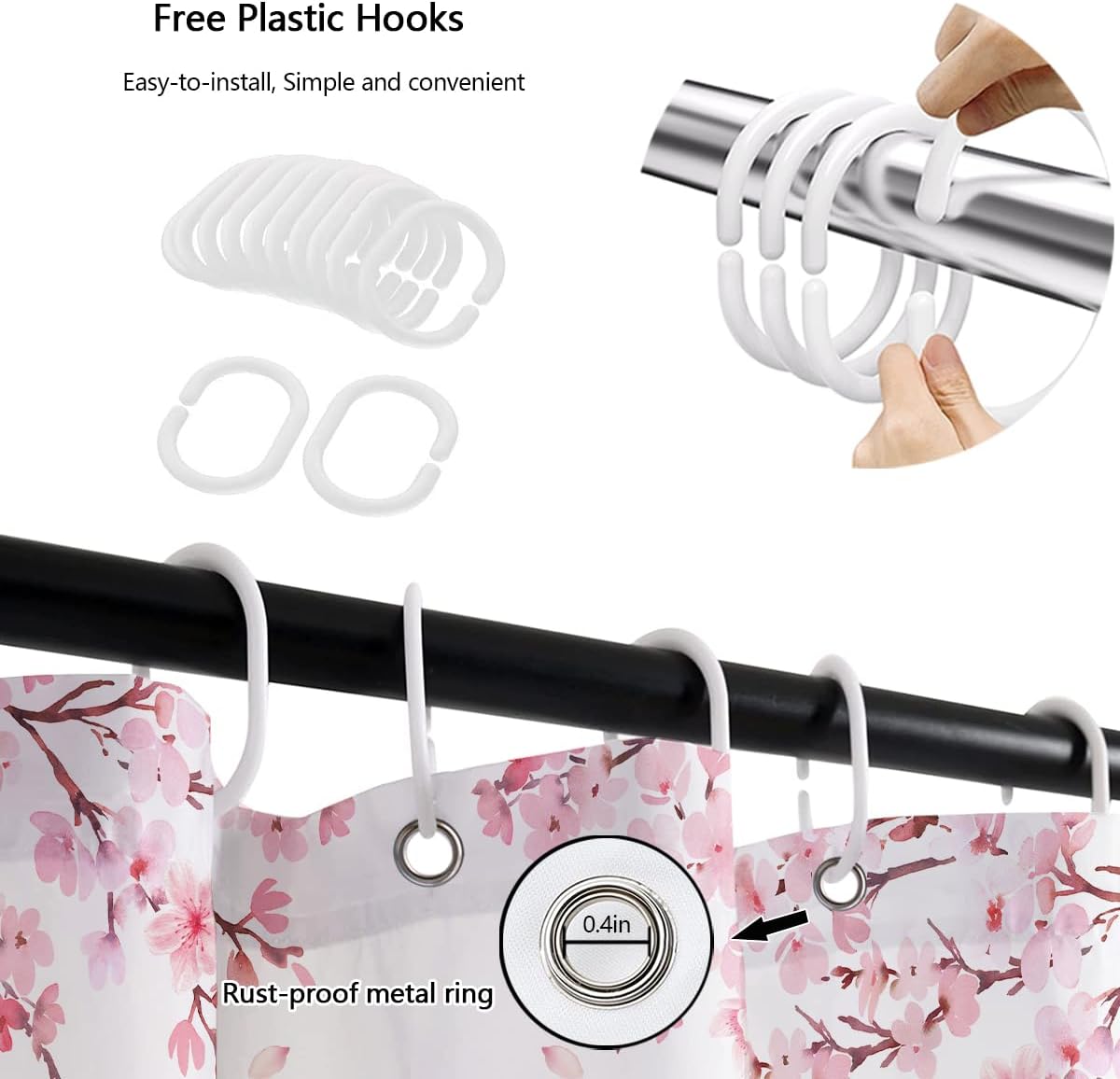 Pink Floral Shower Curtain, Cherry Blossom, 60x72 Inch, 12 Hooks