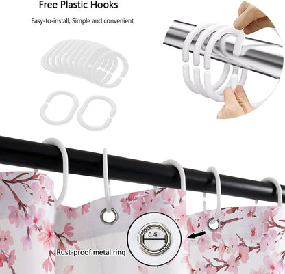 Pink Floral Shower Curtain, Cherry Blossom, 60x72 Inch, 12 Hooks