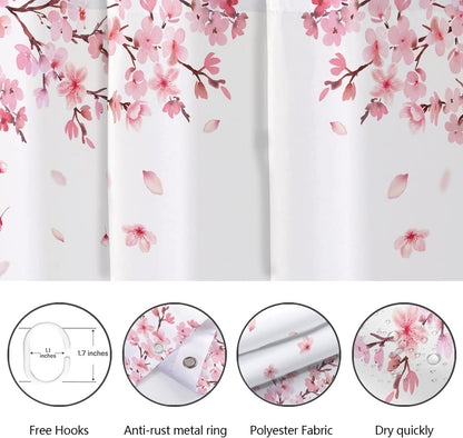 Pink Floral Shower Curtain, Cherry Blossom, 60x72 Inch, 12 Hooks