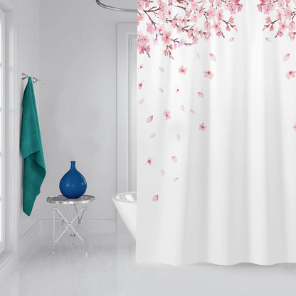 Pink Floral Shower Curtain, Cherry Blossom, 60x72 Inch, 12 Hooks